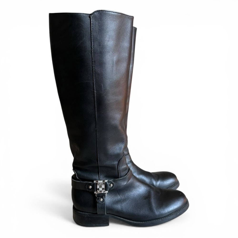 Vince Camuto Farren Riding Boots Black Leather Knee High Harness Size 7.5
